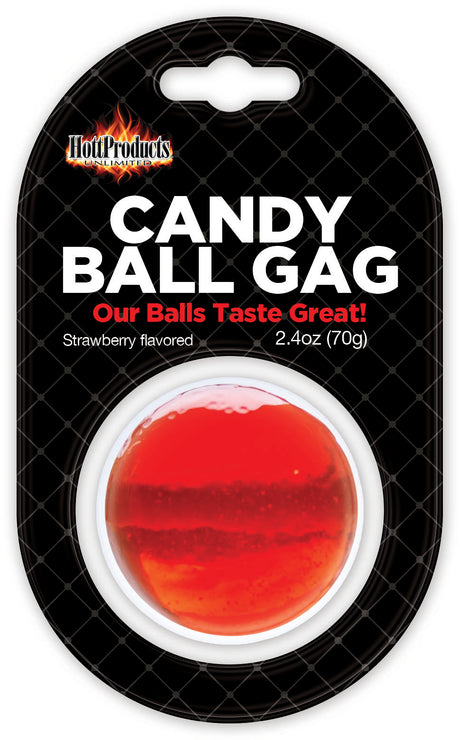 Hott Products Candy Ball Gag Strawberry Flavored packaging with red candy gag and playful branding.