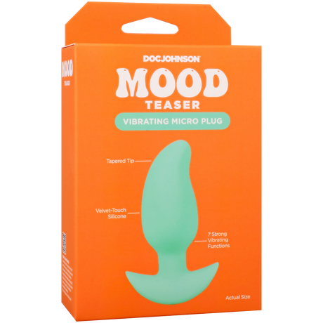 Mood Teaser Vibrating Micro Plug Mint packaging showcasing tapered tip and velvet-touch silicone design.