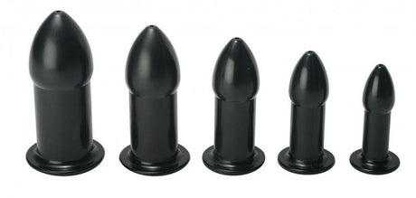 Size Matters Ease-In Anal Dilator Kit Black featuring five graduated plugs for comfortable anal training.