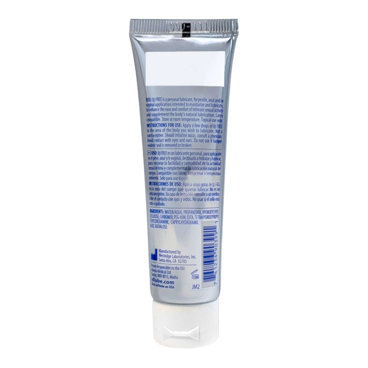 ID Free Hypoallergenic Lubricant 1 Oz tube with ingredient list and usage instructions on the back.