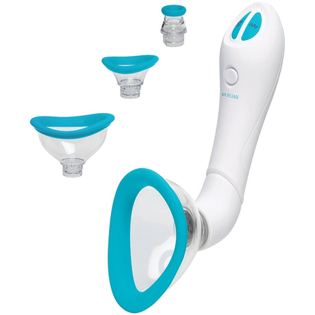 Bloom Rechargeable Intimate Body Pump Blue with interchangeable silicone heads for targeted suction and vibration.