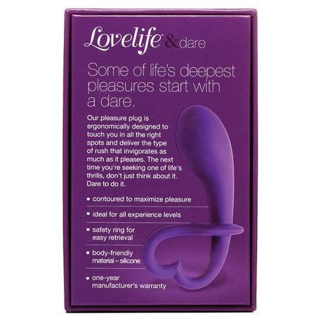Ohmibod Lovelife Dare Purple packaging, highlighting ergonomic design and pleasure features.