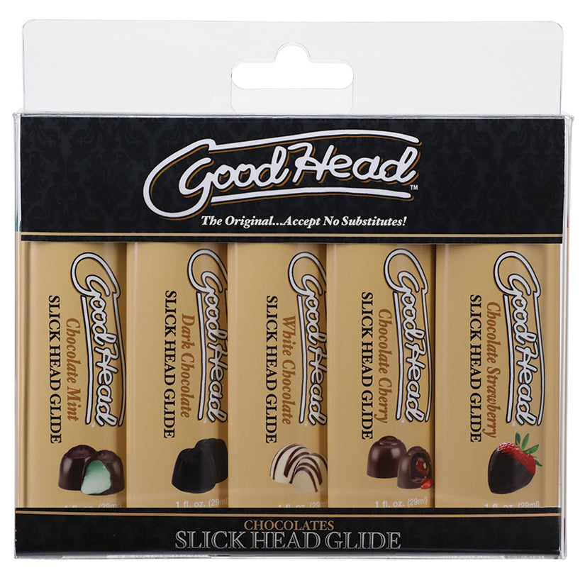 GoodHead Slick Head Chocolate Flavored Glide 5 Pack with five rich chocolate flavors for enjoyable intimacy.