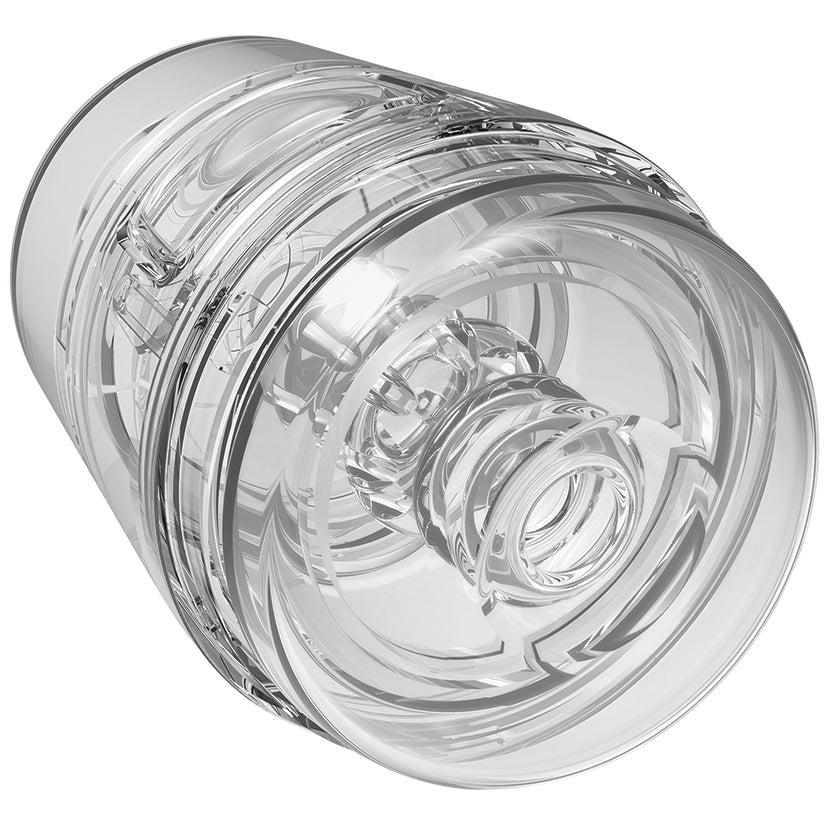 Main Squeeze Pop-off Optix Stroker Crystal in clear design showcasing transparent details and compact size.
