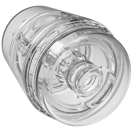 Main Squeeze Pop-off Optix Stroker Crystal in clear design showcasing transparent details and compact size.
