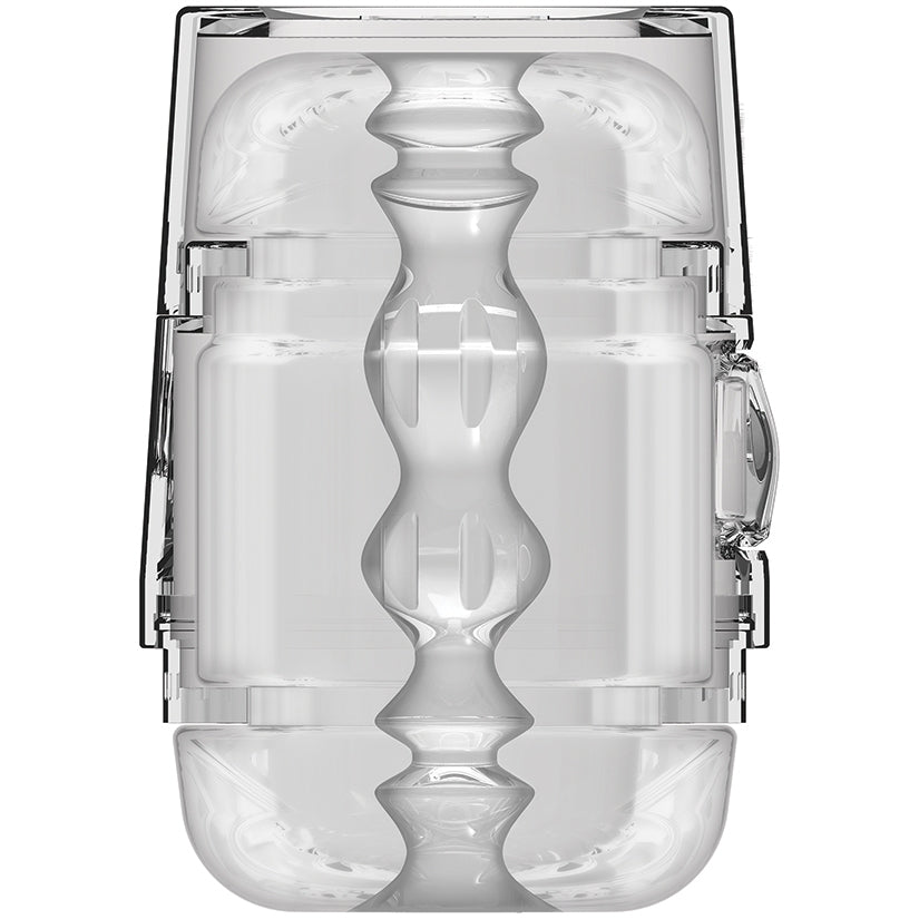 Main Squeeze Pop-off Optix Stroker Crystal in clear design showcasing its unique features and compact size.