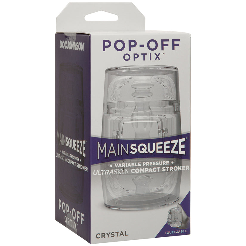 Main Squeeze Pop-off Optix Stroker Crystal packaging showcasing its transparent design and variable pressure features.
