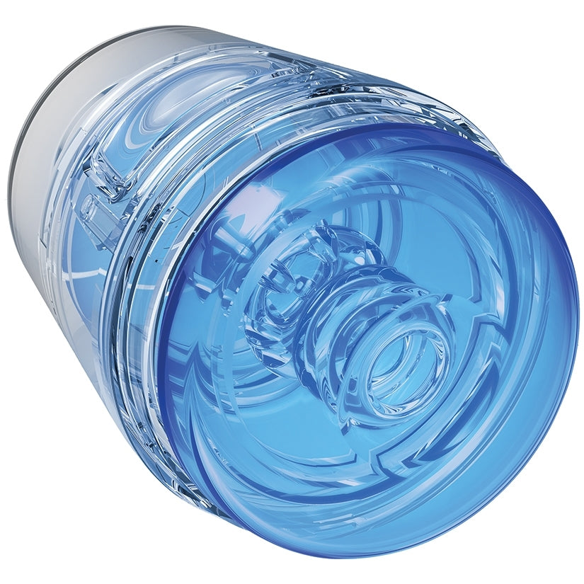Main Squeeze Pop Off Optix Stroker Crystal Blue shown from above, featuring a transparent design and vivid crystal blue color.
