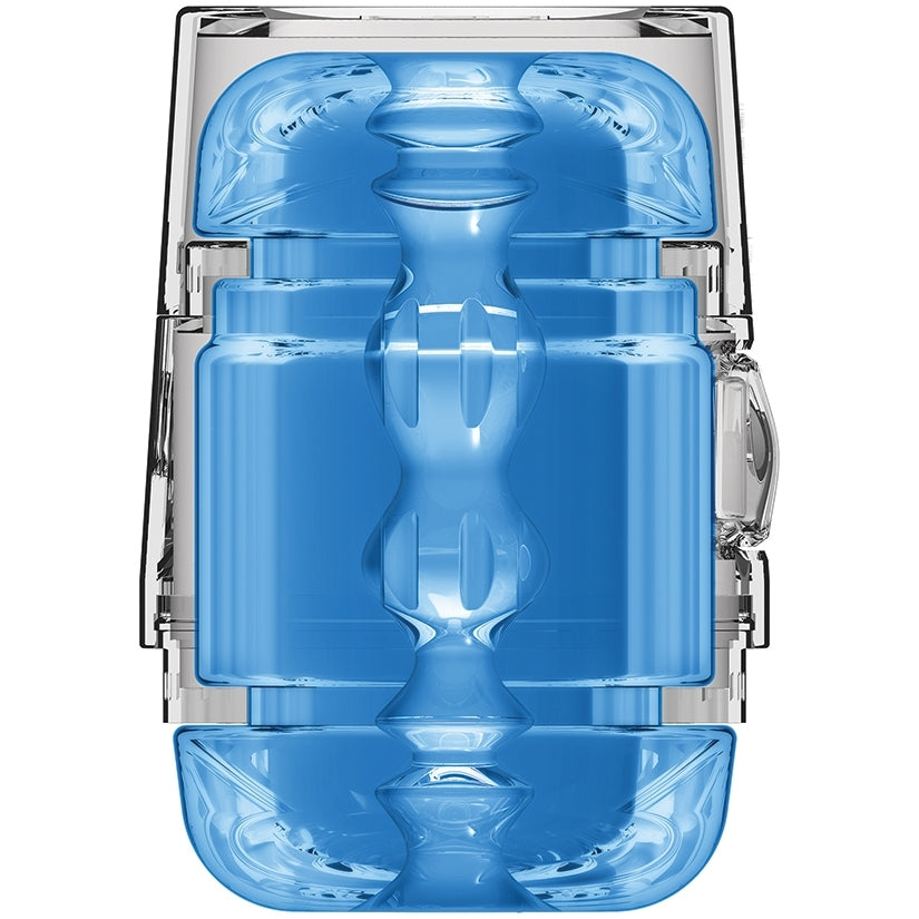 Main Squeeze Pop Off Optix Stroker Crystal Blue shown from the front with a clear and blue design.