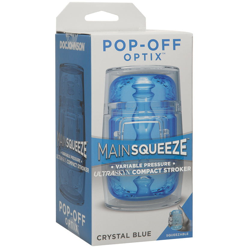 Main Squeeze Pop Off Optix Stroker Crystal Blue packaging showcasing its transparent design and compact size.
