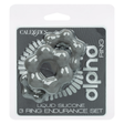 Alpha Liquid Silicone 3 Ring Endurance Set Grey packaging showcasing three silicone rings for intimate enhancement.