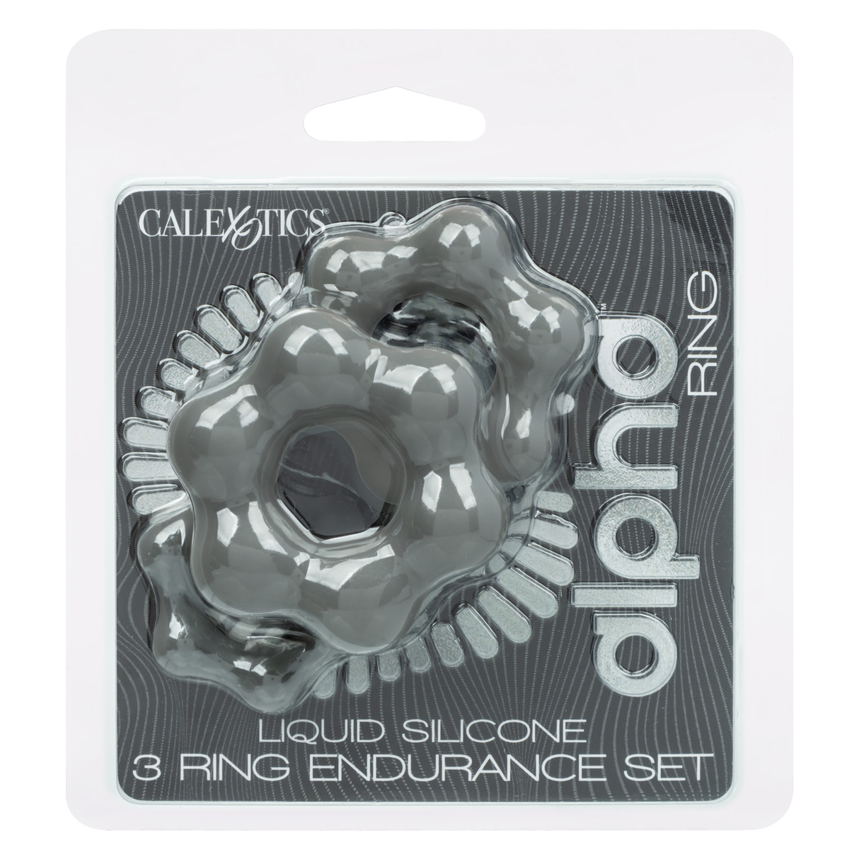Alpha Liquid Silicone 3 Ring Endurance Set Grey packaging showcasing three silicone rings for intimate enhancement.