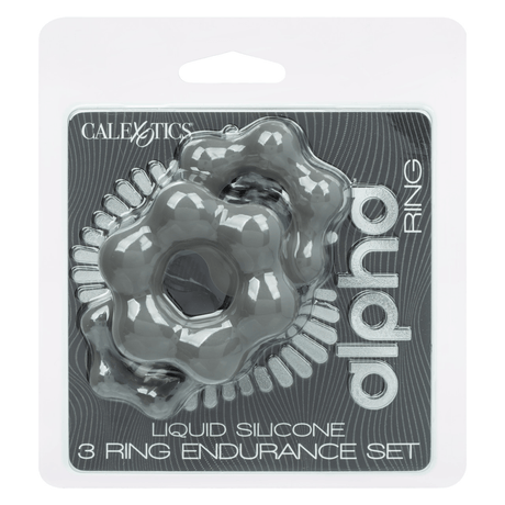 Alpha Liquid Silicone 3 Ring Endurance Set Grey packaging showcasing three silicone rings for intimate enhancement.