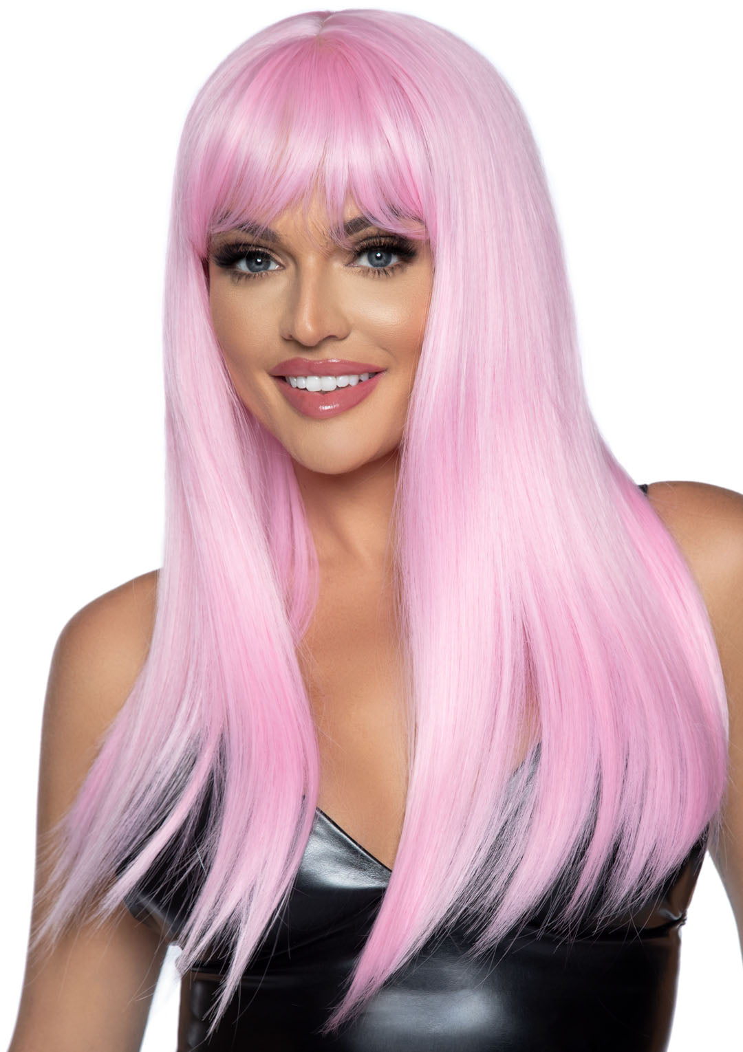 Leg Avenue 24 Inch Long Straight Bang Wig Pink worn by a model, showcasing smooth pastel pink color and sleek design.