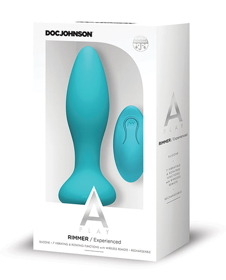 A-Play Rimmer Experienced Anal Plug with Remote Teal by Doc Johnson, featuring silicone and remote functions in a vibrant teal color.