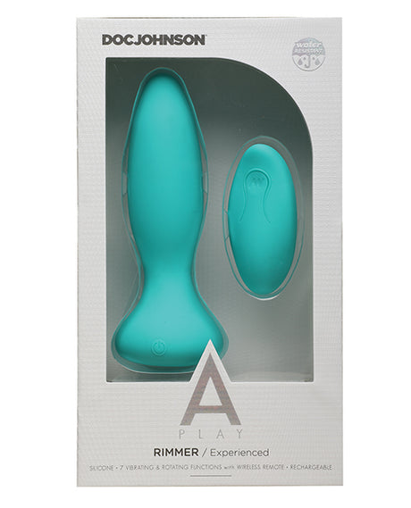A-Play Rimmer Experienced Anal Plug with Remote Teal packaged for confident back-door play.