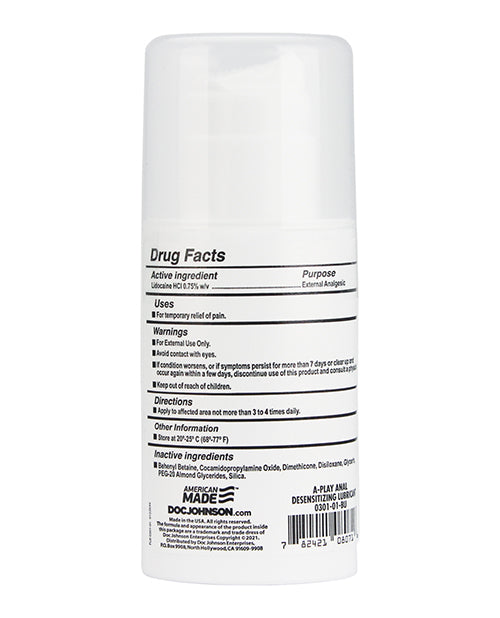 A Play Anal Desensitizing Gel 3.4 Oz packaging displaying drug facts and ingredients.