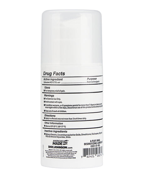 A Play Anal Desensitizing Gel 3.4 Oz packaging displaying drug facts and ingredients.