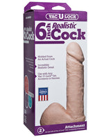 Vac-U-Lock 6 inch Realistic Dildo White packaging with realistic design details for enhanced pleasure.