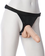 Vac-U-Lock 6 inch Realistic Dildo White attached to a harness on a mannequin, showcasing realistic design and body-safe materials.