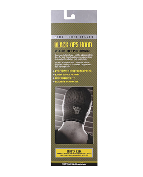 Fort Troff Black Ops Hood Large Black packaging with features highlighted and instructions for use.