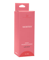 Intimate Enhancements Moisten Daily Vaginal Lotion 2 oz packaging in a pink box for daily moisture and comfort.