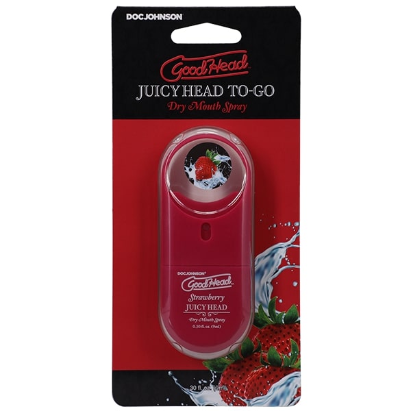 GoodHead Juicy Head Strawberry Dry Mouth Spray 0.30 oz in a travel-ready container with vibrant strawberry imagery.