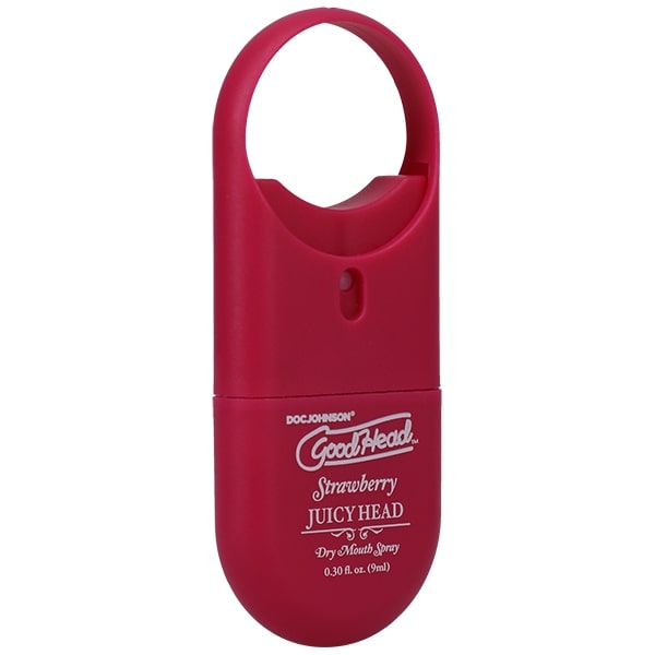 GoodHead Juicy Head Strawberry Dry Mouth Spray 0.30 oz in a compact red bottle for instant freshness.