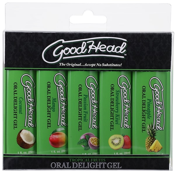GoodHead Oral Delight Gel 5 Pack Tropical Fruits featuring Coconut, Mango, Passion Fruit, Strawberry Kiwi, Pineapple.