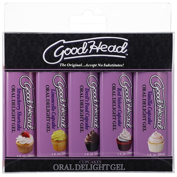 GoodHead Oral Delight Gel 5 Pack Cupcakes with various flavors in travel-friendly bottles.