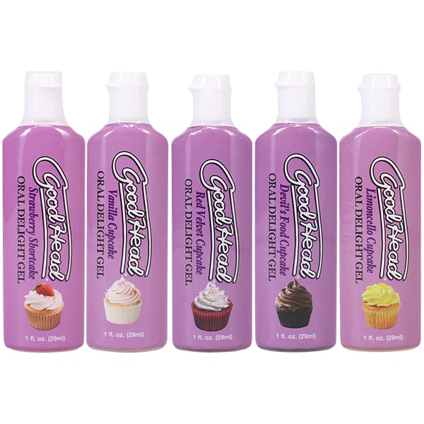 GoodHead Oral Delight Gel 5 Pack Cupcakes with five flavors in travel-friendly bottles.