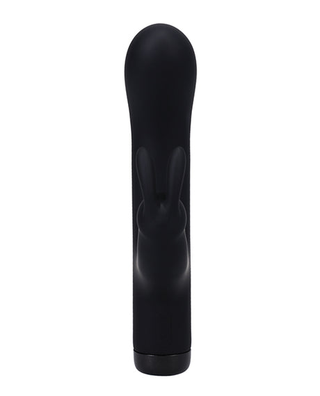In A Bag Silicone Rechargeable Rabbit Vibrator Black displayed in a sleek black design, highlighting its dual-action features.