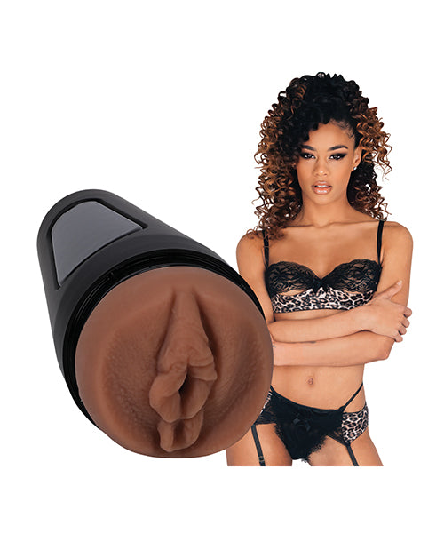 Main Squeeze ULTRASKYN Pussy Stroker Scarlit Scandal featuring a lifelike design and model in lingerie.
