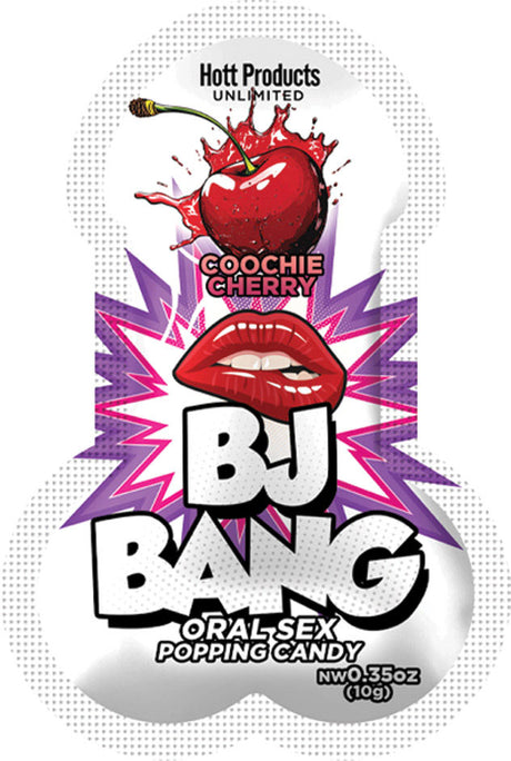 Bj Bang Oral Sex Popping Candy Cherry 0.35 Oz packaging featuring cherry and playful design.