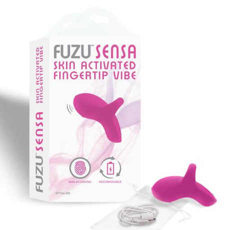 Fuzu Sensa Skin Activated Fingertip Vibe Pink product packaging with rechargeable vibe and instructional details.