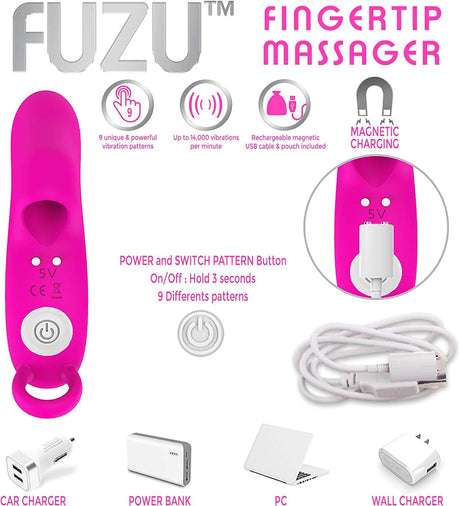 Fuzu Sensa Skin Activated Fingertip Vibe Pink showing features like magnetic charging and multiple vibration patterns.