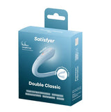 Satisfyer Double Classic Couples Vibrator Blue packaging showcasing features and benefits for couples.