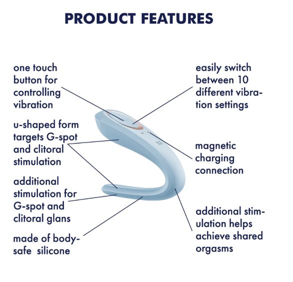 Product features of Satisfyer Double Classic Couples Vibrator Blue, highlighting versatility and stimulation options.