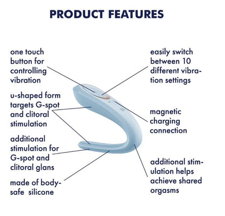 Product features of Satisfyer Double Classic Couples Vibrator Blue, highlighting versatility and stimulation options.