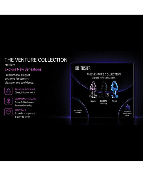 Dr Tush's Venture Collection Medium Anal Plug Set packaging showcasing premium materials and features for safe, pleasurable use.