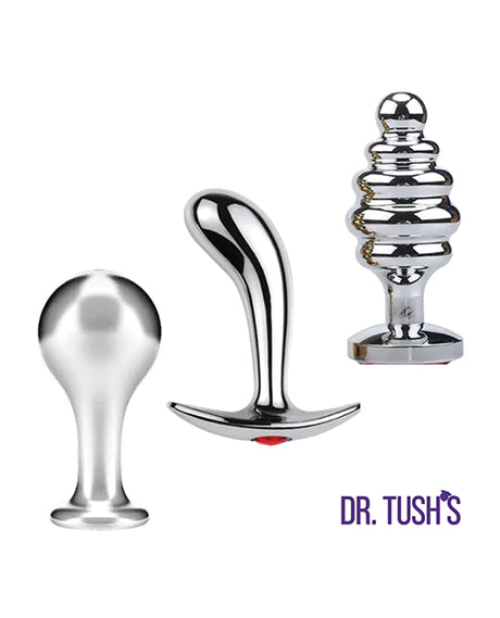 Dr Tush's Tools of Temptation Small Anal Plug Set Metal features three polished metal plugs for varied stimulation.