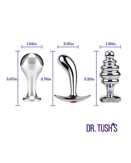 Dr Tush's Tools of Temptation Medium Anal Plug Set Metal showcasing three distinct metal plugs with dimensions.