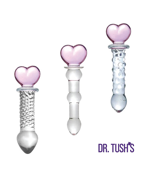 Dr Tush's Hearts of Pleasure Collection Anal Plug Set Glass featuring three heart-topped glass toys with different textures.