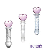 Dr Tush's Hearts of Pleasure Collection Anal Plug Set Glass featuring three heart-topped glass toys with different textures.