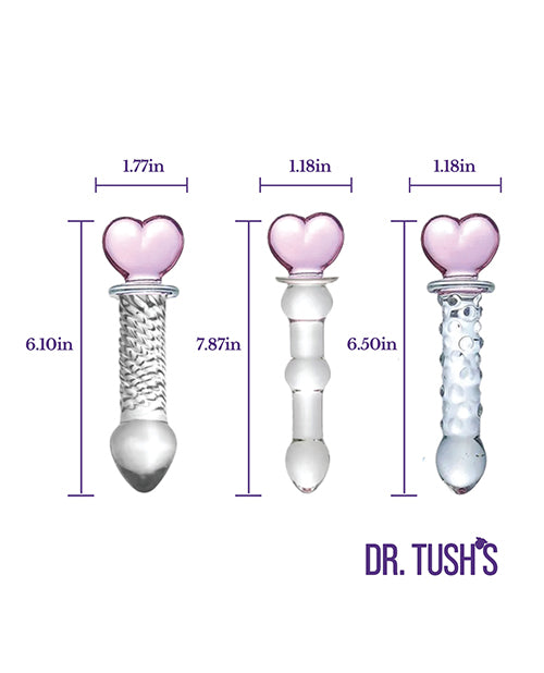 Dr Tush's Hearts of Pleasure Collection Anal Plug Set Glass with heart-topped designs and dimensions.