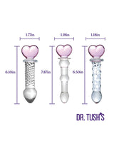 Dr Tush's Hearts of Pleasure Collection Anal Plug Set Glass with heart-topped designs and dimensions.