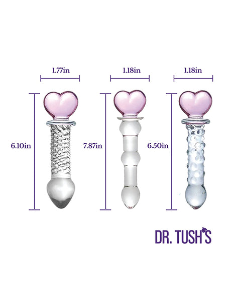 Dr Tush's Hearts of Pleasure Collection Anal Plug Set Glass with heart-topped designs and dimensions.