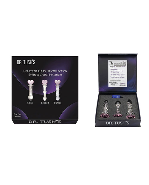 Dr Tush's Hearts of Pleasure Collection Anal Plug Set Glass featuring Spiral, Beaded, and Bumpy glass toys in a display box.