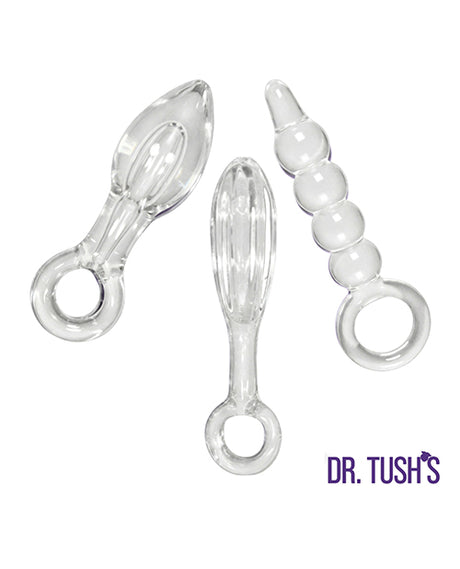 Dr Tush's Halo of Pleasure Collection Anal Plug Set Glass featuring three distinct glass plugs.