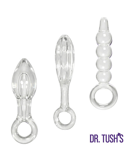 Dr Tush's Halo of Pleasure Collection Anal Plug Set Glass featuring three clear glass plugs.